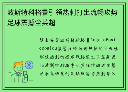 波斯特科格鲁引领热刺打出流畅攻势足球震撼全英超